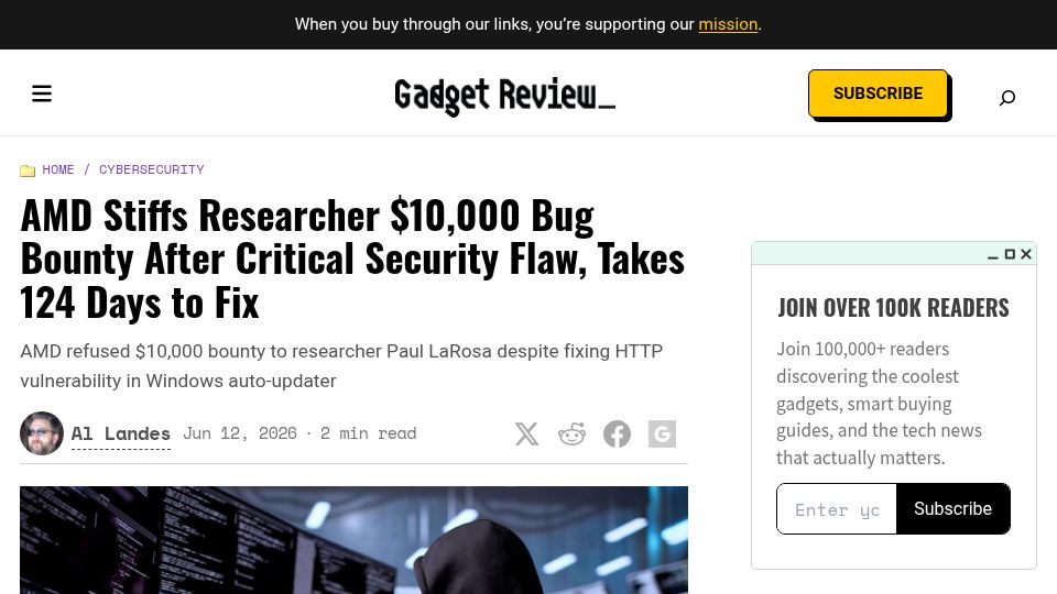 Screenshot of gadgetreview.com: AMD Stiffs Researcher $10k Bug Bounty