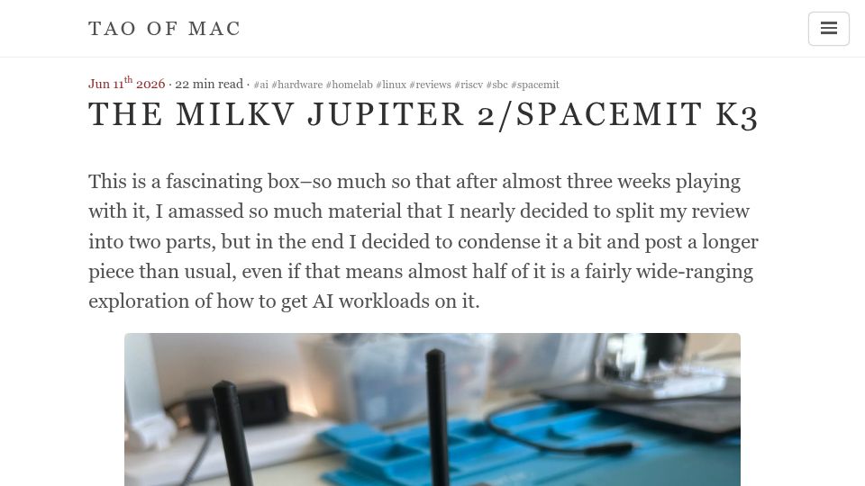 Screenshot of taoofmac.com: The MilkV Jupiter 2/SpacemiT K3 (RISC-V vector compute)