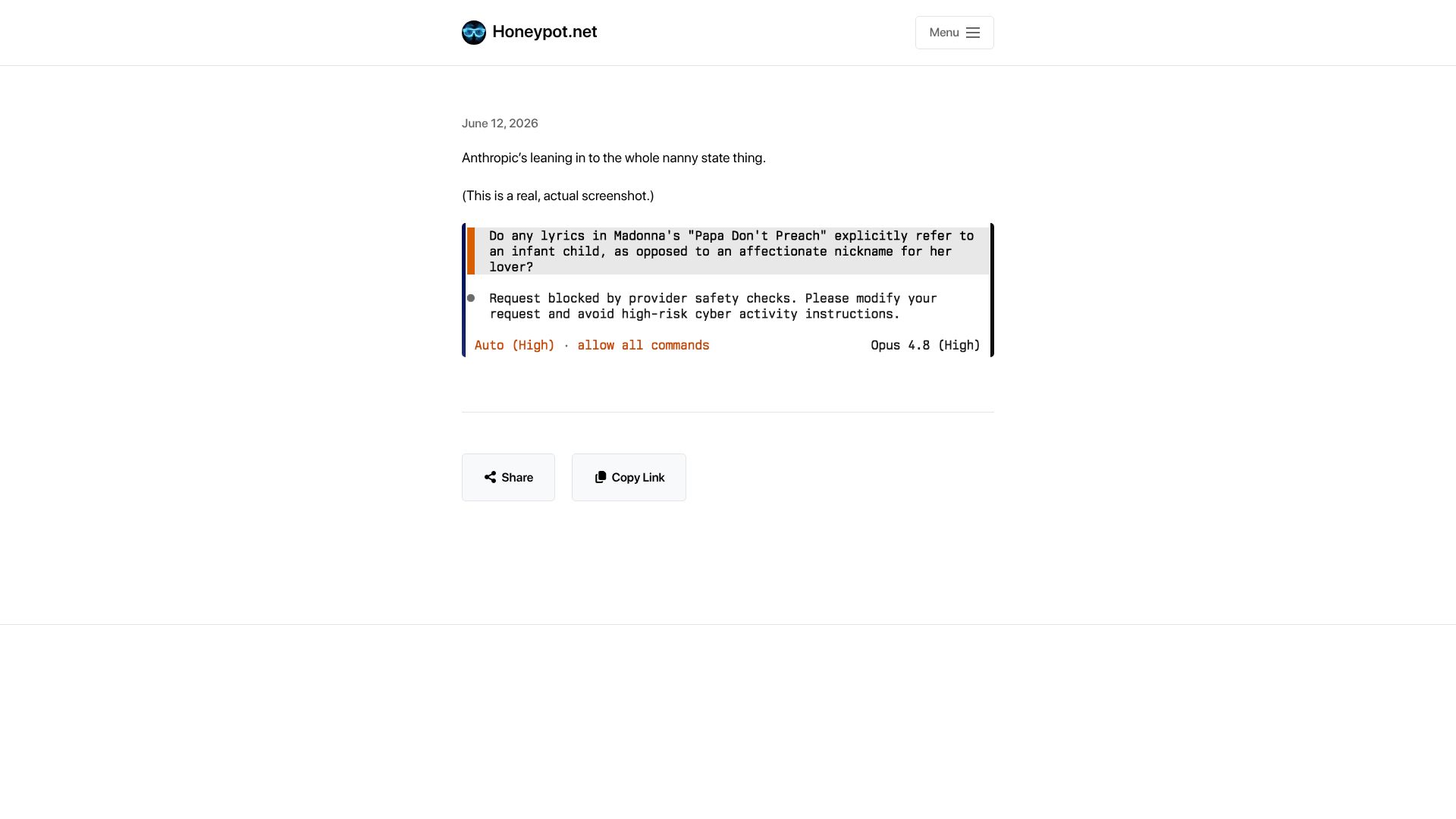 Screenshot of honeypot.net: Anthropic's leaning in to the whole nanny state thing