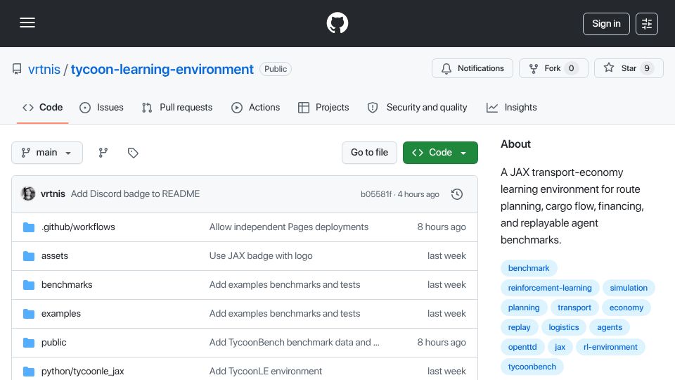 Screenshot of github.com: TycoonLE: A Jax reinforcement learning environment for long-horizon planning