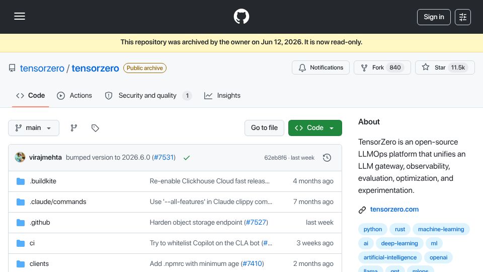 Screenshot of github.com: AI OSS tool repo goes archived over night after raising $7.3M Seed