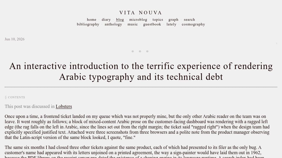 Screenshot of lr0.org: The experience of rendering Arabic typography and its technical debt