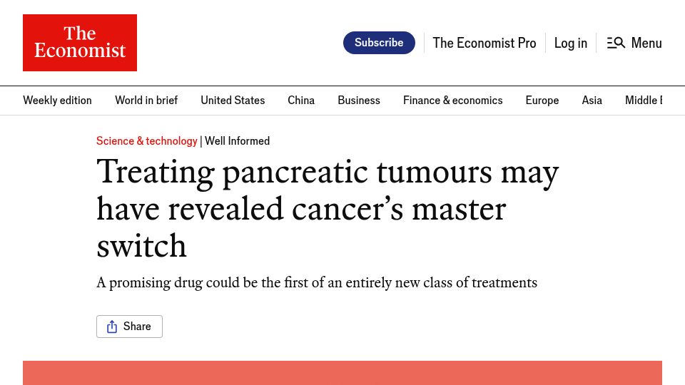 Screenshot of economist.com: New pancreatic cancer drug might open the door to much longer survival times