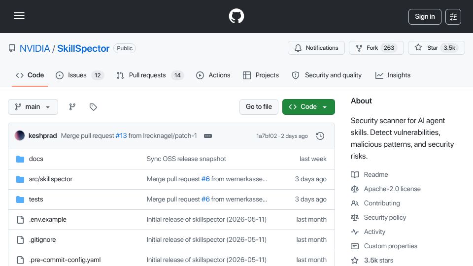 Screenshot of github.com: SkillSpector