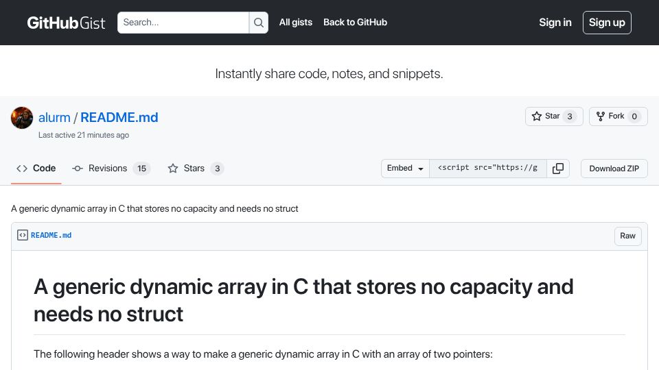 Screenshot of gist.github.com: A generic dynamic array in C that stores no capacity and needs no struct