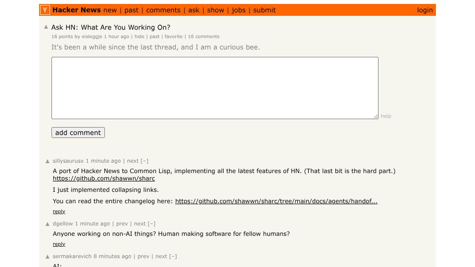 Screenshot of Hacker News post: Ask HN: What Are You Working On?