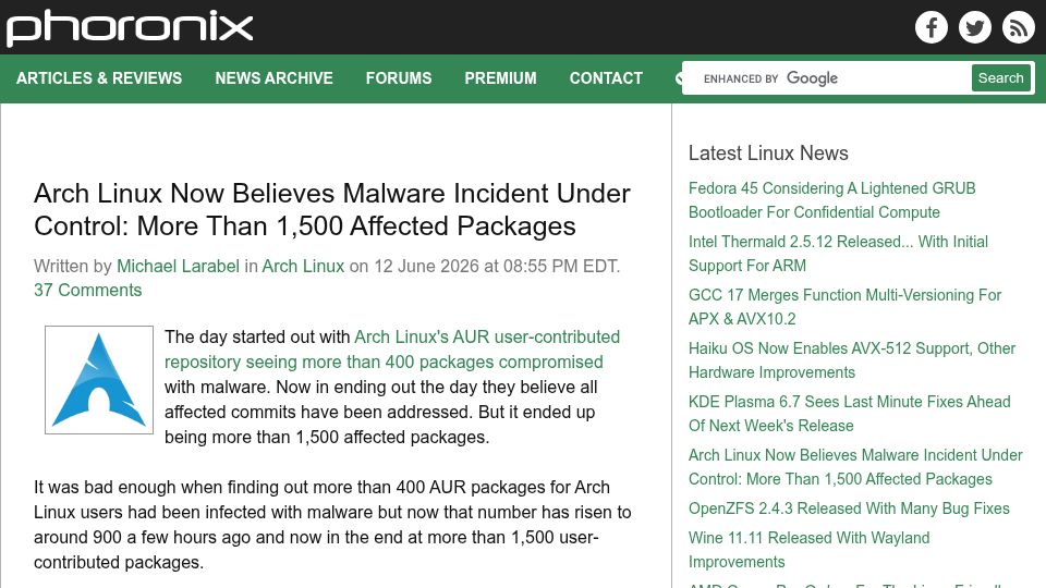 Screenshot of phoronix.com: Arch Linux Now Believes Malware Incident Under Control: More Than 1,500 Packages