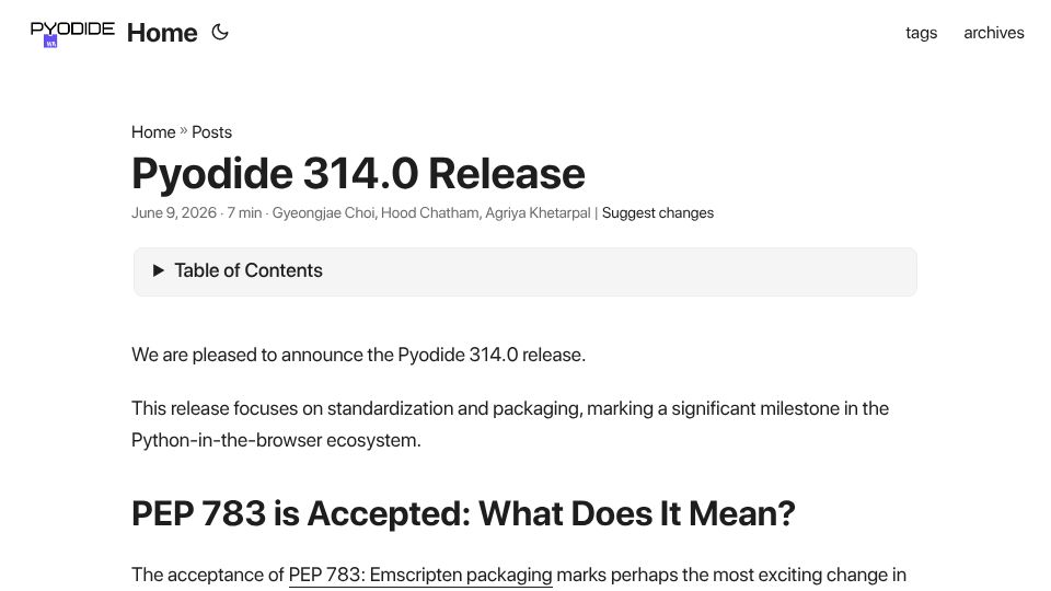 Screenshot of blog.pyodide.org: Pyodide 314.0: Python packages can now publish WebAssembly wheels to PyPI