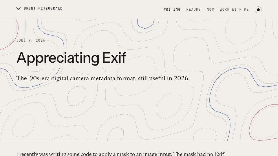 Screenshot of brentfitzgerald.com: Appreciating Exif