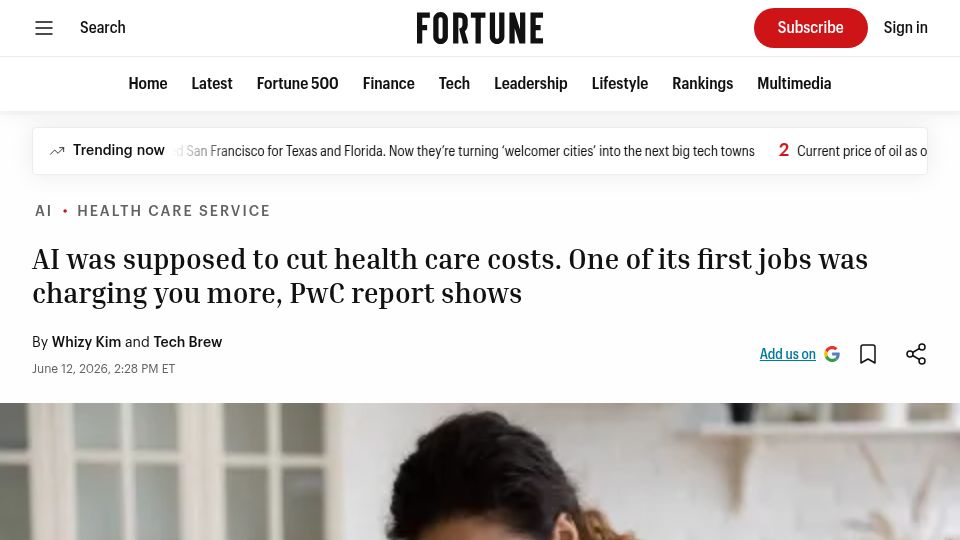 Screenshot of fortune.com: PwC Report: AI Making Medical Bills Higher