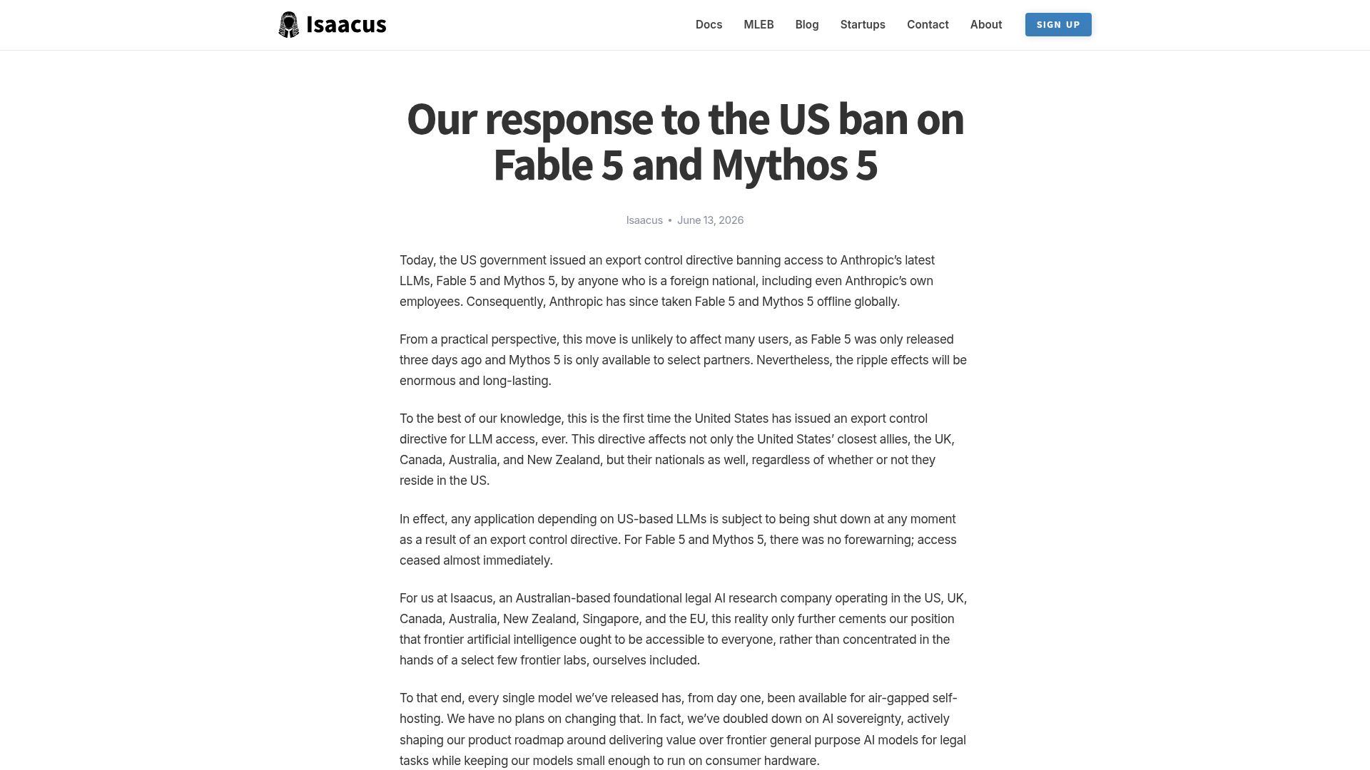Screenshot of isaacus.com: Our response to the US ban on Fable 5 and Mythos 5