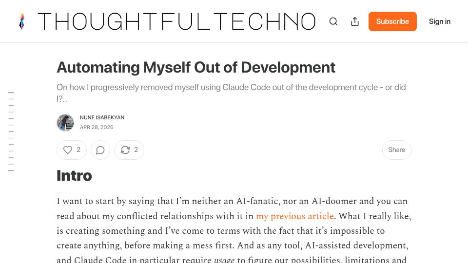 Screenshot of thoughtfultechnologist.com: Automating myself out of development