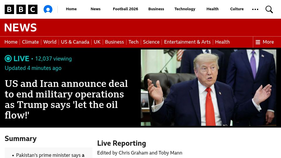 Screenshot of bbc.com: US and Iran announce deal to end military operations
