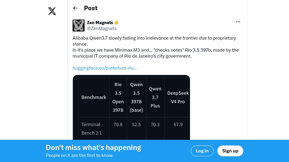 Screenshot of twitter.com: Rio de Janeiro's city government model Rio3.5 beats Qwen3.7 in recent benchmarks