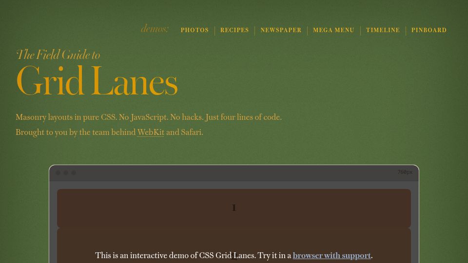 Screenshot of gridlanes.webkit.org: The Field Guide to CSS Grid Lanes