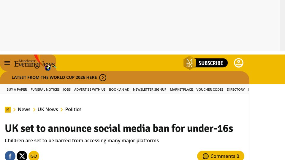 Screenshot of manchestereveningnews.co.uk: UK set to announce social media ban for under-16s