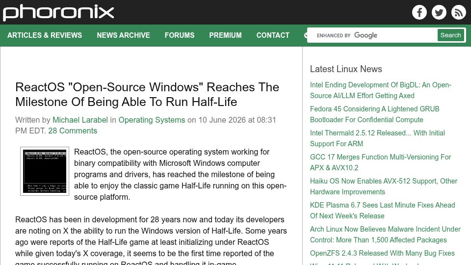 Screenshot of phoronix.com: ReactOS (FOSS "Windows") achieves 3D-accelerated Half-Life on real hardware