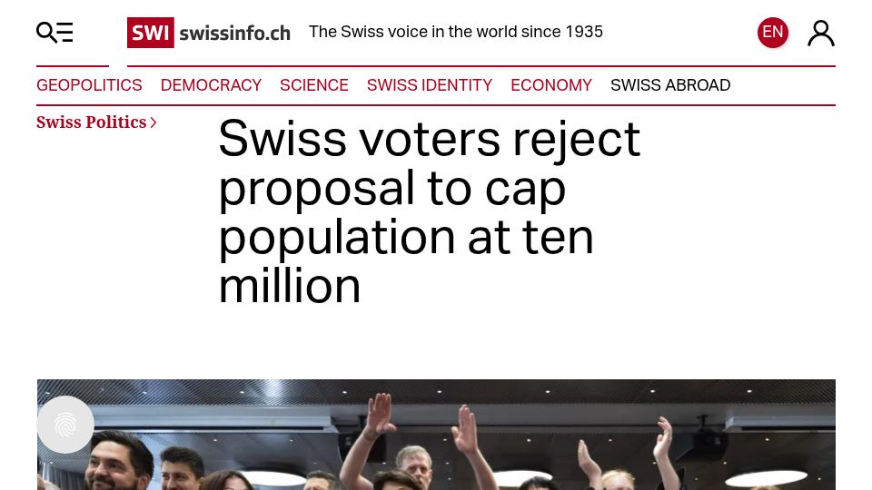 Screenshot of swissinfo.ch: Swiss voters reject proposal to cap population at ten million