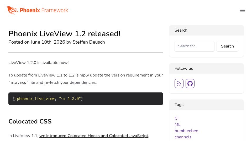 Screenshot of phoenixframework.org: Phoenix LiveView 1.2