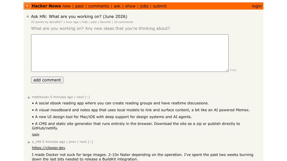 Screenshot of Hacker News post: Ask HN: What are you working on? (June 2026)