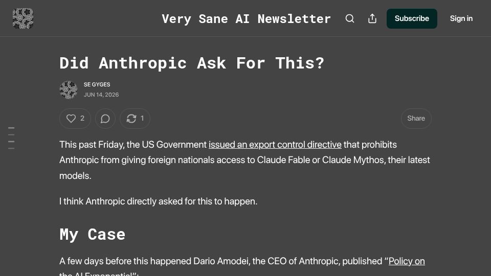 Screenshot of verysane.ai: Did Anthropic ask for this?