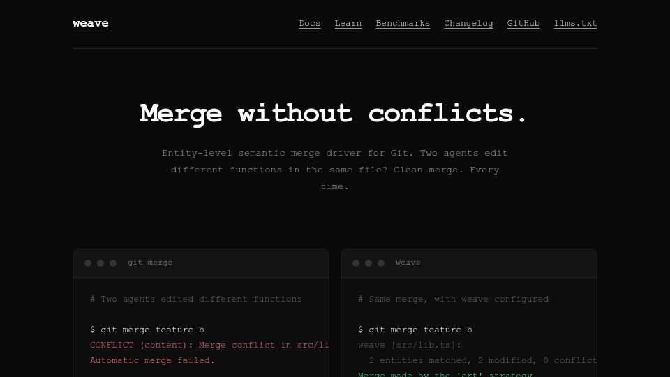 Screenshot of ataraxy-labs.github.io: Weave: Merging based on language structure and not lines