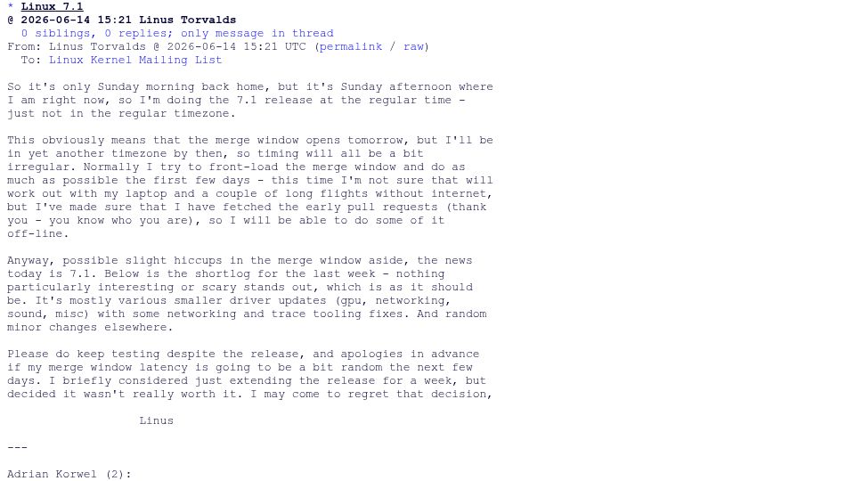 Screenshot of lore.kernel.org: Linux 7.1