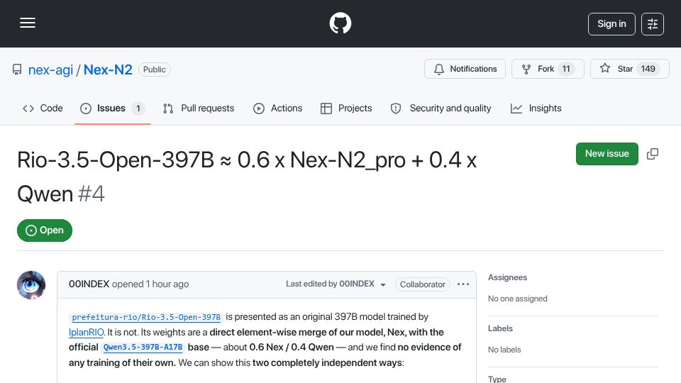 Screenshot of github.com: Rio de Janeiro's "homegrown" LLM appears to be a merge of an existing model