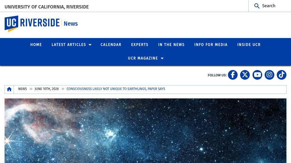 Screenshot of news.ucr.edu: Consciousness likely not unique to earthlings, paper says