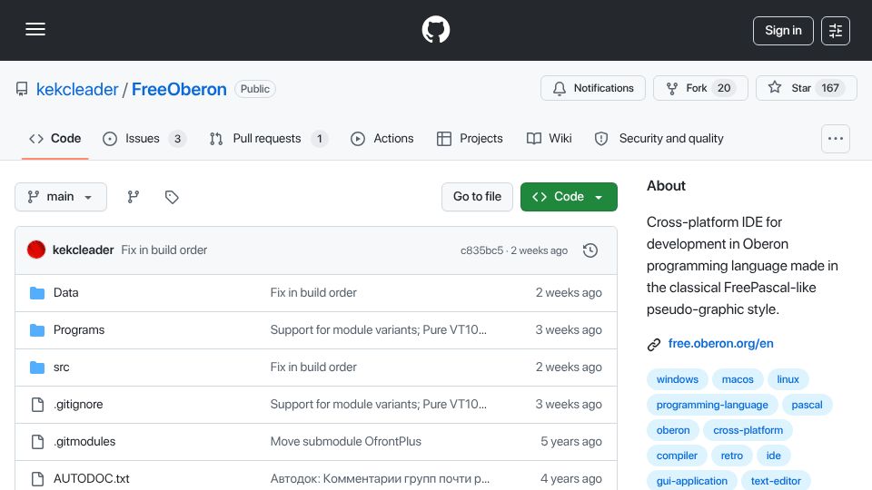 Screenshot of github.com: FreeOberon – Open-Source, Cross-Platform, Free Pascal/Turbo Pascal-Like Language