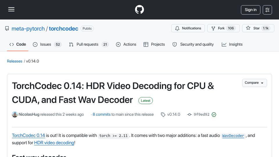 Screenshot of github.com: TorchCodec 0.14: HDR Video Decoding for CPU and CUDA, and Fast Wav Decoder