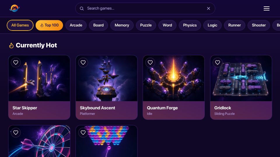 Screenshot of minigames.world: Show HN: I built 80 mini-games using Fable before it was shut down