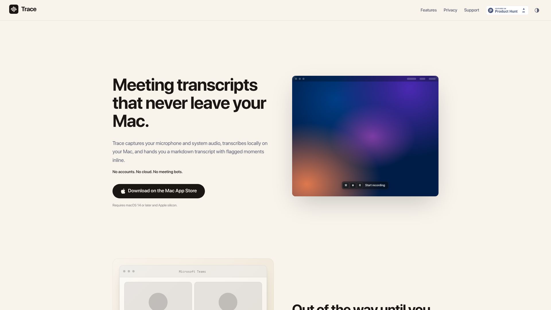 Screenshot of traceapp.info: Show HN: Trace – Offline Mac meeting transcripts you can flag mid-call