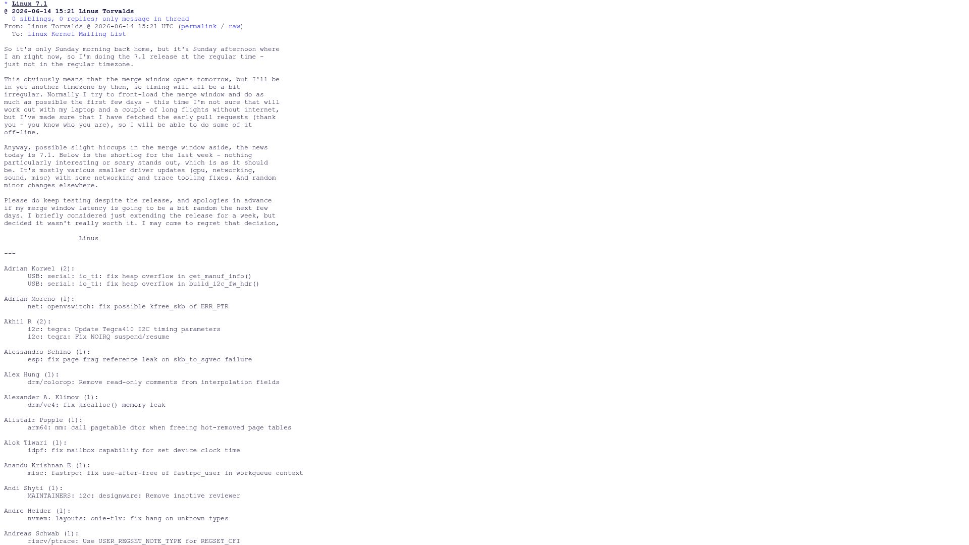 Screenshot of lore.kernel.org: Linux 7.1