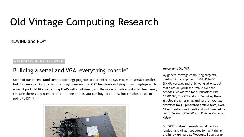 Screenshot of oldvcr.blogspot.com: Building a serial and VGA "everything console"