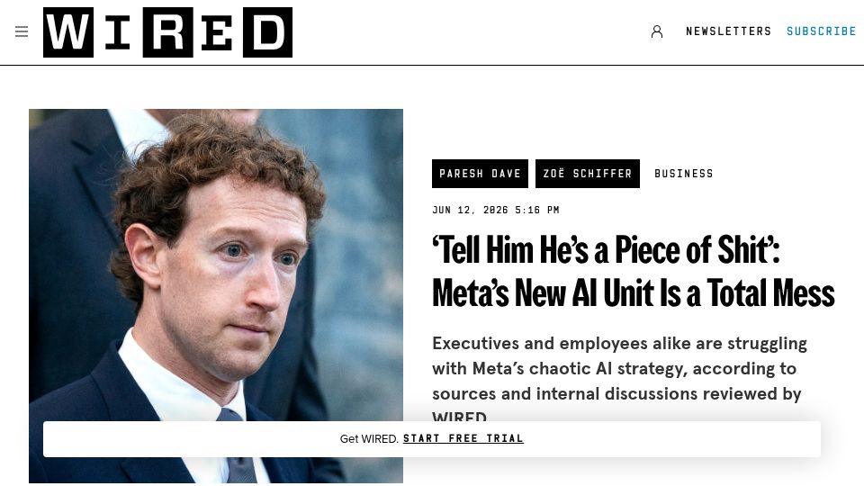 Screenshot of wired.com: 'Tell Him He's a Piece of Shit': Meta's New AI Unit Is a Total Mess
