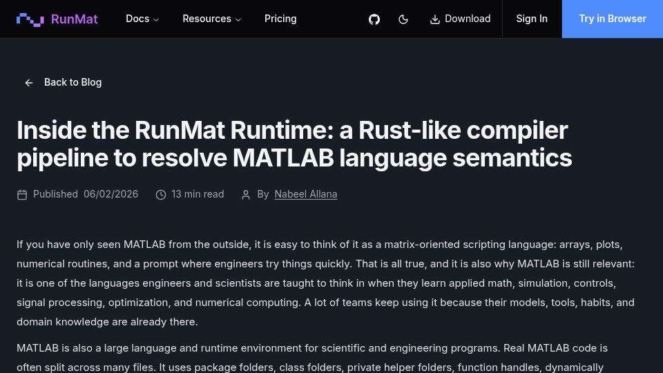 Screenshot of runmat.com: Rust-like compiler pipeline to resolve Matlab language semantics