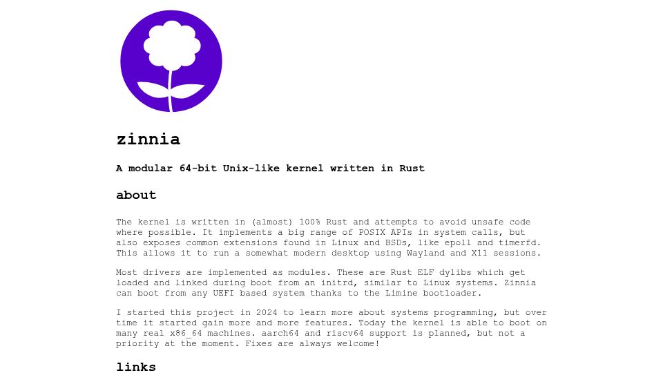 Screenshot of zinnia-os.org: Zinnia: A modular 64-bit Unix-like kernel written in Rust