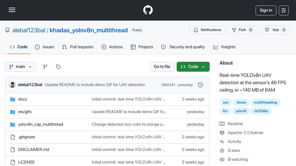 Screenshot of github.com: Show HN: Dual YOLOv8n UAV Detection on RK3588S at 42 FPS Using NPU