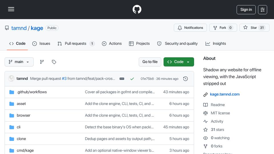 Screenshot of github.com: Show HN: Kage – Shadow any website to a single binary for offline viewing