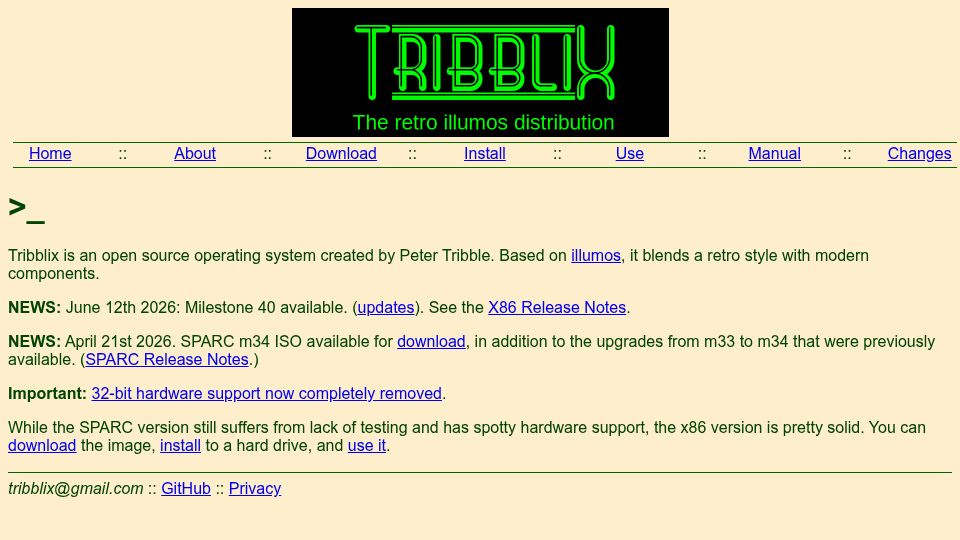 Screenshot of tribblix.org: Tribblix: The retro Illumos distribution