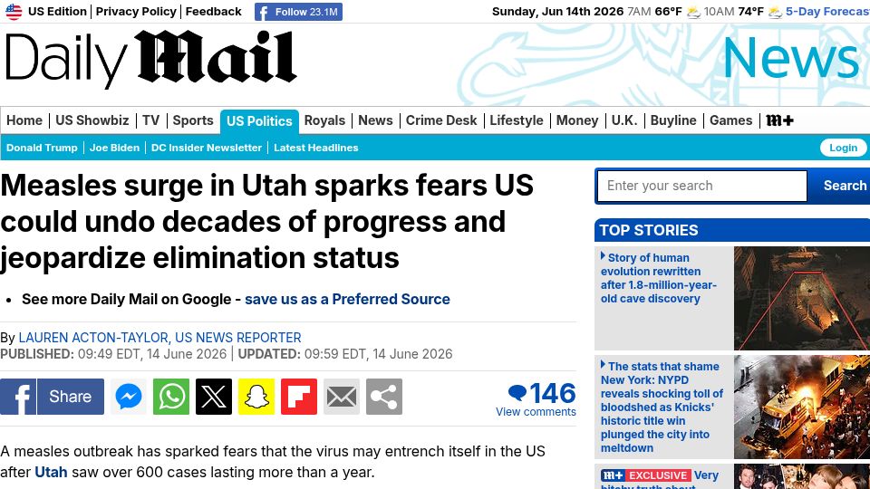 Screenshot of dailymail.com: Measles surge in Utah sparks fears US could undo decades of progress