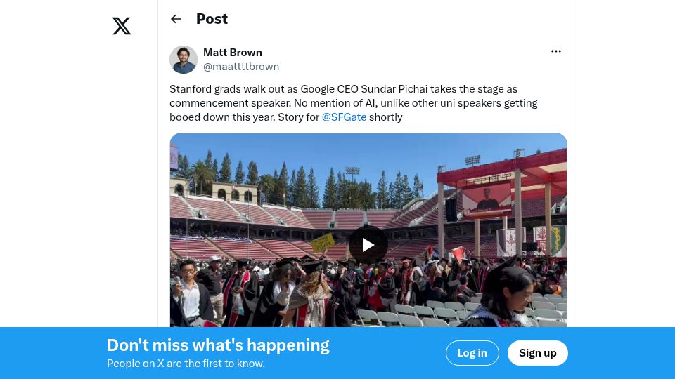 Screenshot of twitter.com: Stanford grads walk out on Google CEO Sundar Pichai speech
