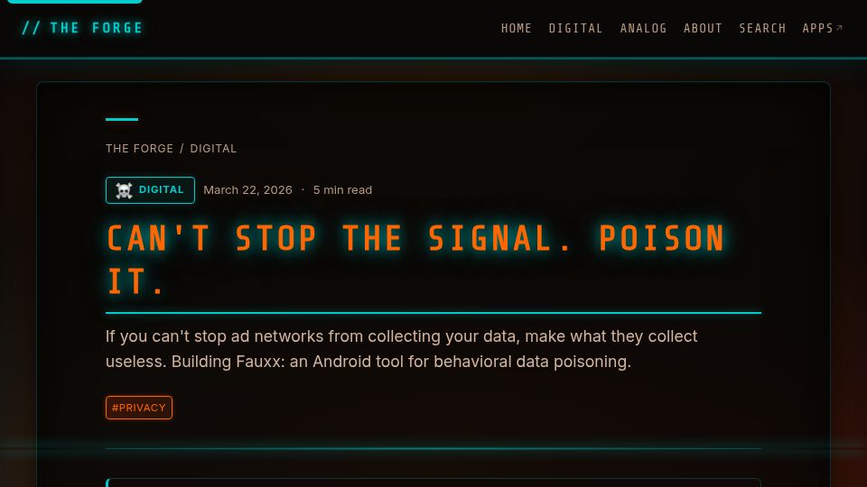 Screenshot of blog.digitalgrease.dev: Can't Stop the Signal. Poison It