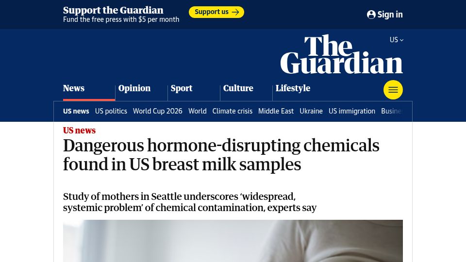 Screenshot of theguardian.com: Dangerous hormone-disrupting chemicals found in US breast milk samples