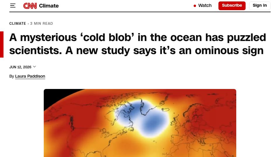Screenshot of cnn.com: A 'cold blob' in the Atlantic could be a sign of AMOC shutdown