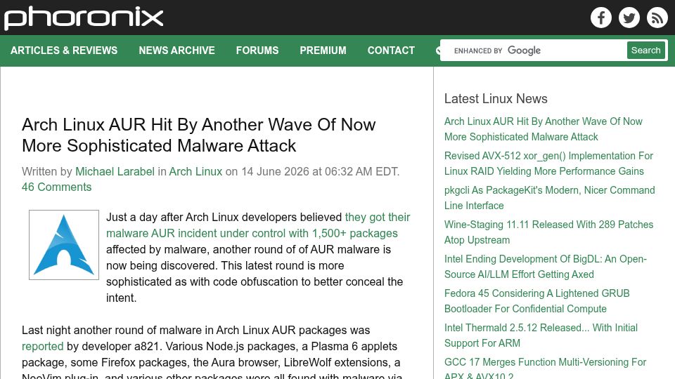 Screenshot of phoronix.com: Arch Linux AUR Hit by Another Wave of Now More Sophisticated Malware Attack