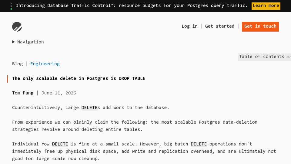 Screenshot of planetscale.com: The only scalable delete in Postgres is DROP TABLE