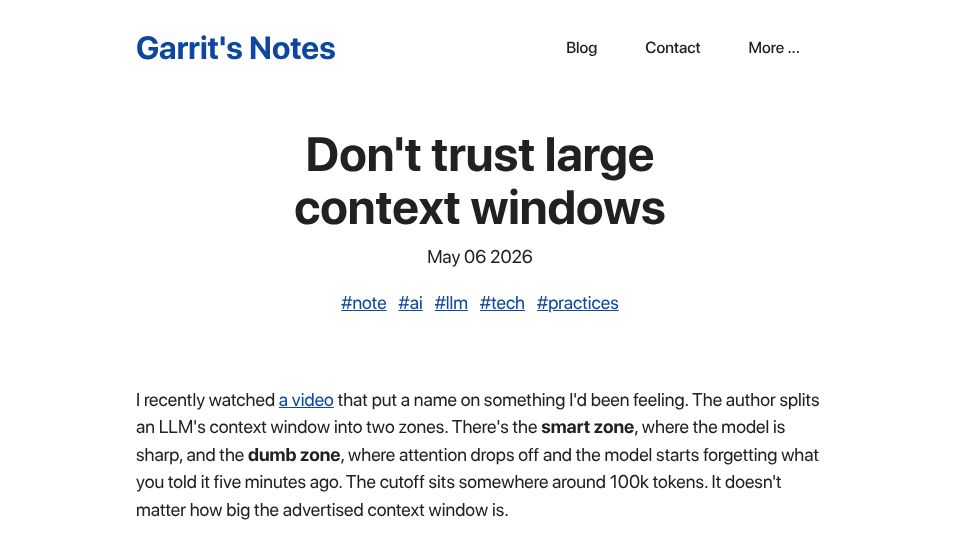 Screenshot of garrit.xyz: Don't trust large context windows
