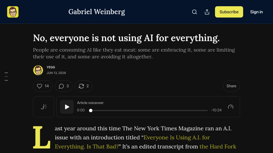 Screenshot of gabrielweinberg.com: Not everyone is using AI for everything